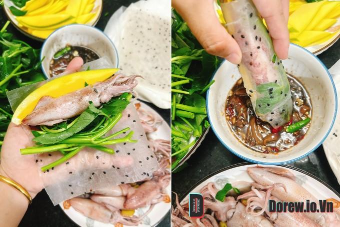 Ngọc Trinh cũng thử món mực cuốn